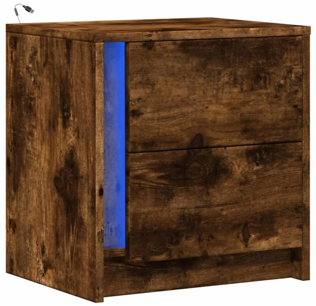 Mesa cabeceira c/ luzes LED derivados madeira carvalho fumado