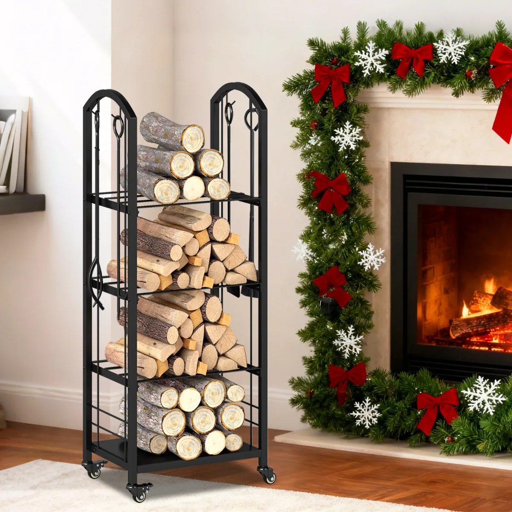Estante para lenha 47 x 33 x 122 cm de 4 níveis com rodas e conjunto de 5 ferramentas. Inclui tenaz, atiçador, vassoura e pá para interior e exterior.