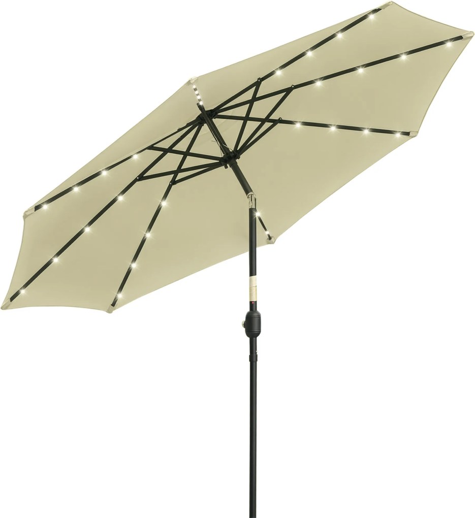 Outsunny Guarda-sol LED Solar Ø265x233cm Chapéu Sol Inclinável com Manivela Mastro Aço Iluminação Noturna Jardim Praia Bege | Aosom Portugal