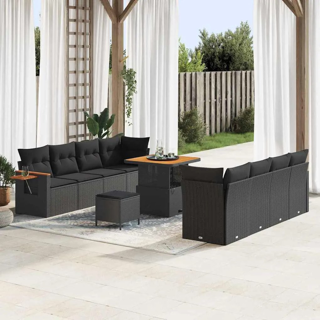 Conjunto de Sofá de Jardim de 11 Peças com Almofadas Rattan Poly Preto