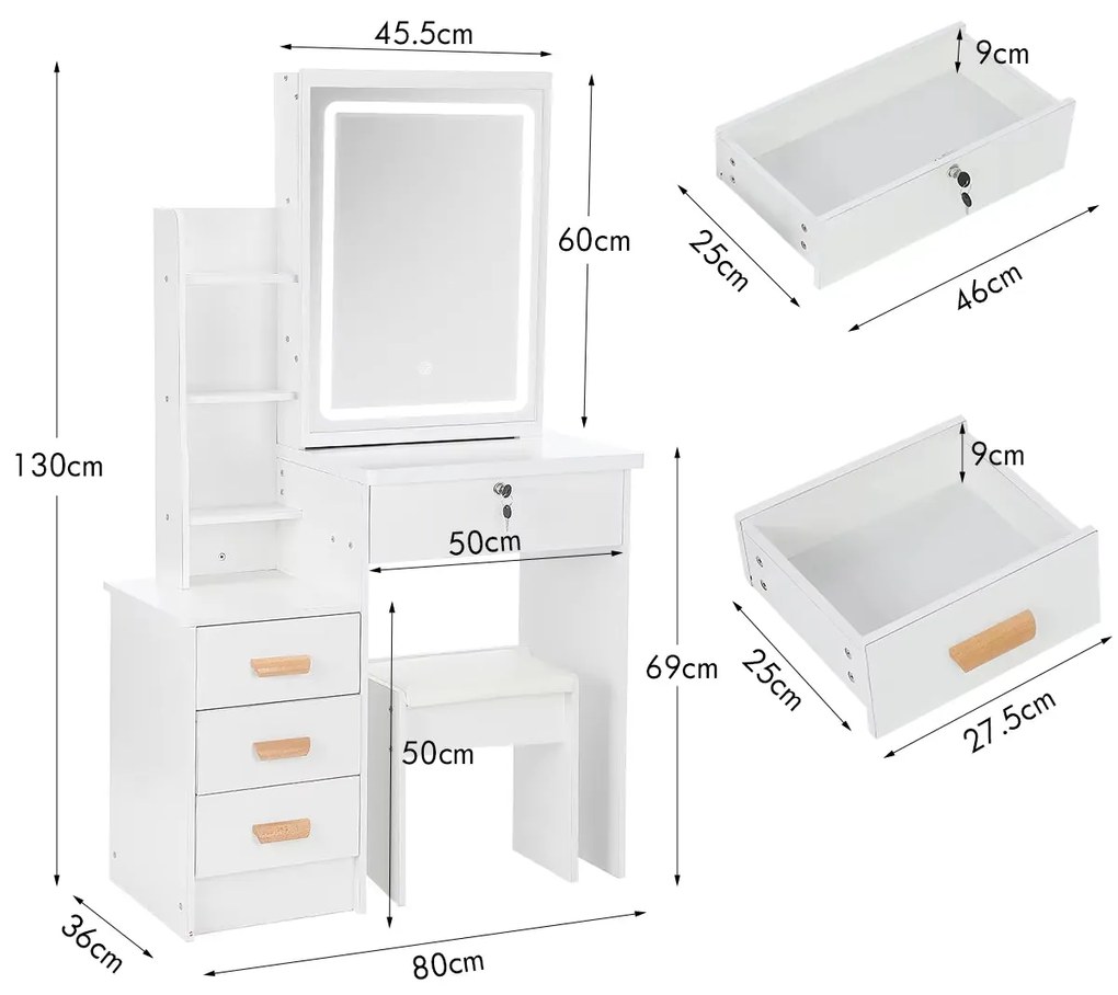 Toucador Portugal com Espelho LED Deslizante – 80x30x130 cm – 4 Gaveta