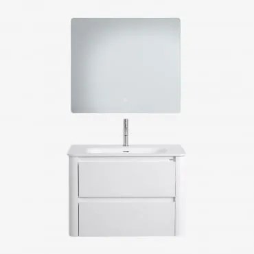 Conjunto De Móvel De Casa De Banho Suspenso Em Madeira Com Lavatório Integrado Egerton Branco & Led Retangular E Anti-embaciamento 80x70 Cm - Sklum
