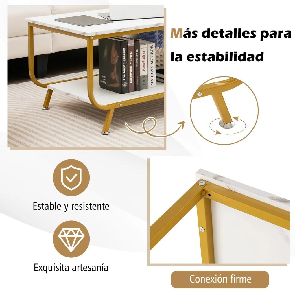 Mesa de centro moderna em mármore com Estante para Sala de Estar Escritório 105 x 55 x 46,5 cm Branco e dourado