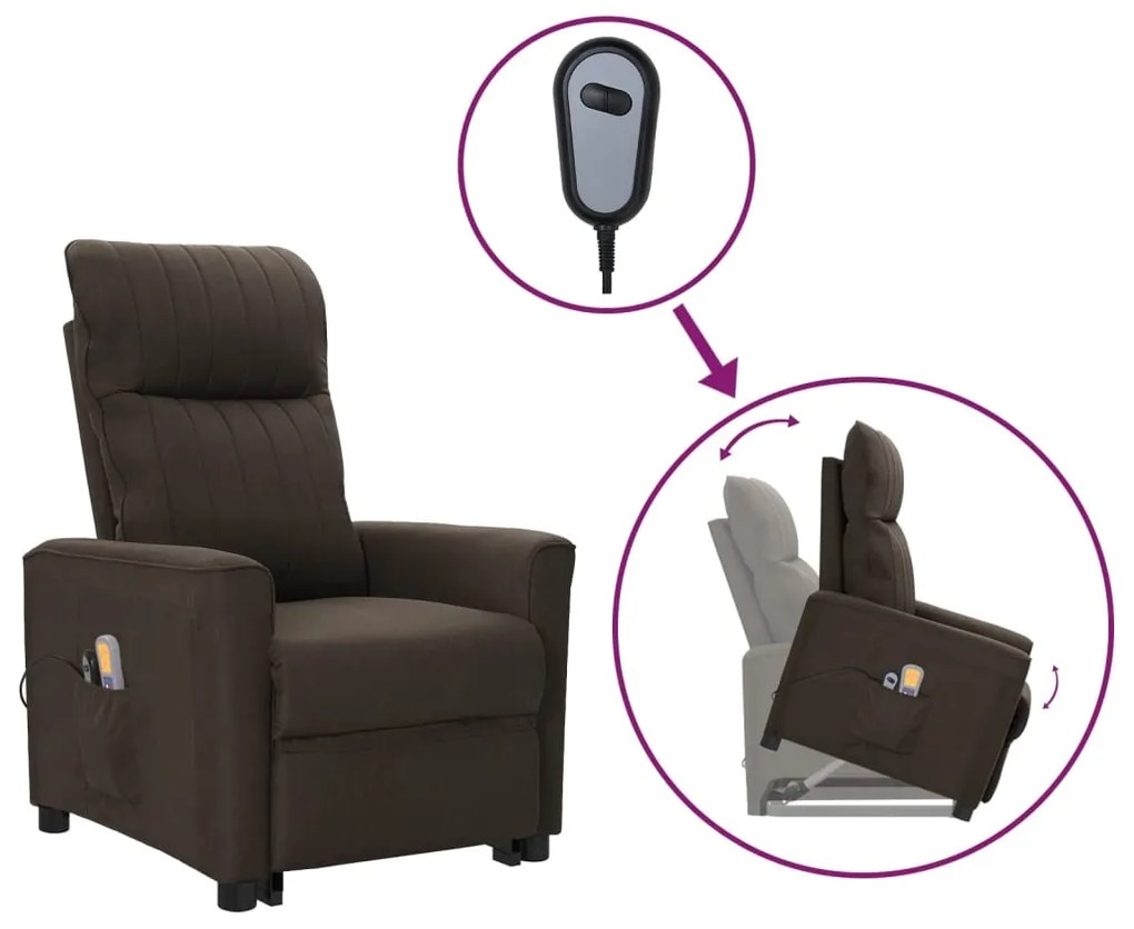 vidaXL Poltrona elevatória de massagens tecido castanho-escuro