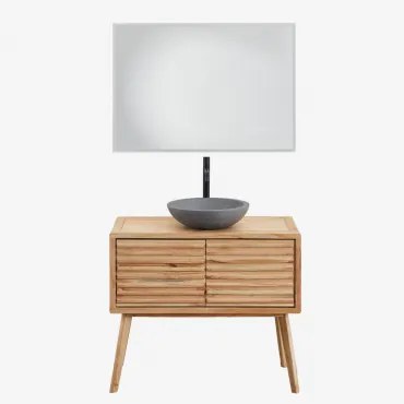 Conjunto De Móvel De Casa De Banho Em Madeira Deleyna Madeira Natural & Cimento Cinzento Redondo Ø40 Cm Tarsis & Led Retangular - Sklum