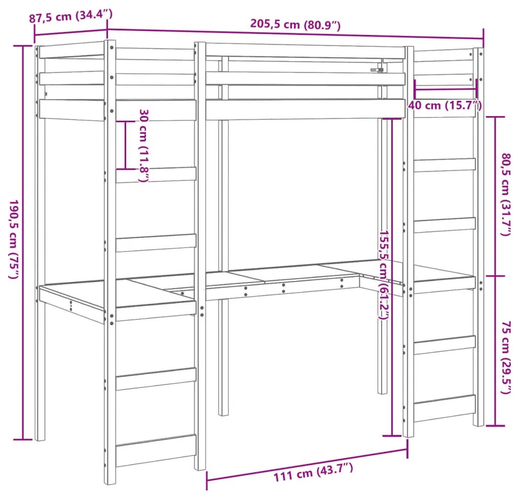 Cama alta sem colchão 80x200 cm pinho maciço branco