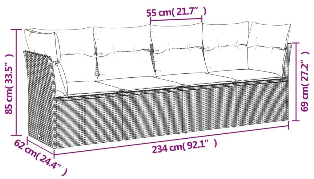 4 pcs conj. sofás jardim c/ almofadões vime PE cinzento-claro