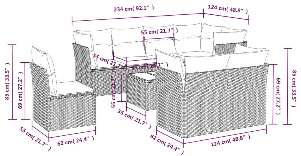 9 pcs conjunto de sofás p/ jardim c/ almofadões vime PE preto
