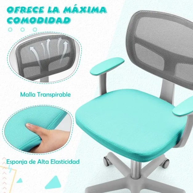 Cadeira de secretária ergonómica para crianças com rodas Cadeira giratória para computador Apoio lombar ajustável em altura Turquesa