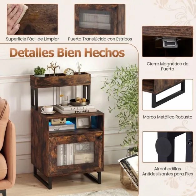 Mesa de cabeceira com luzes LED 45 x 40 x 80 cm com tabuleiro superior Estrutura metálica Castanha rustica