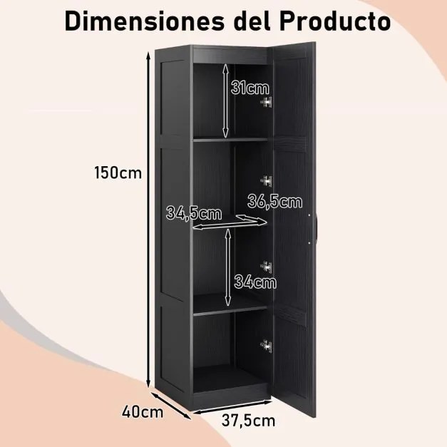 Armário Despensa 38 x 40 x 149 cm com 4 níveis e porta para cozinha e sala de estar Preto