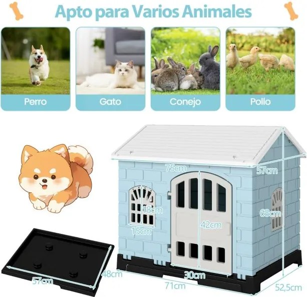 Casota dobrável 75 x 58 x 65 cm de plástico para cães resistente às intempéries para animais de estimação com bandeja sanitária Porta Azul Claro