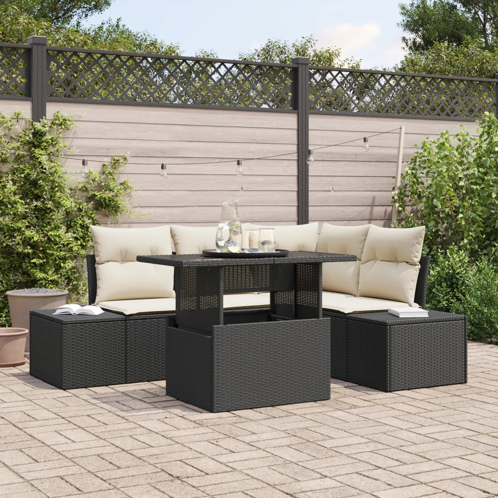 Set de Sofá de Jardim com 5 Peças e Almofadas Preto Rattan Poly
