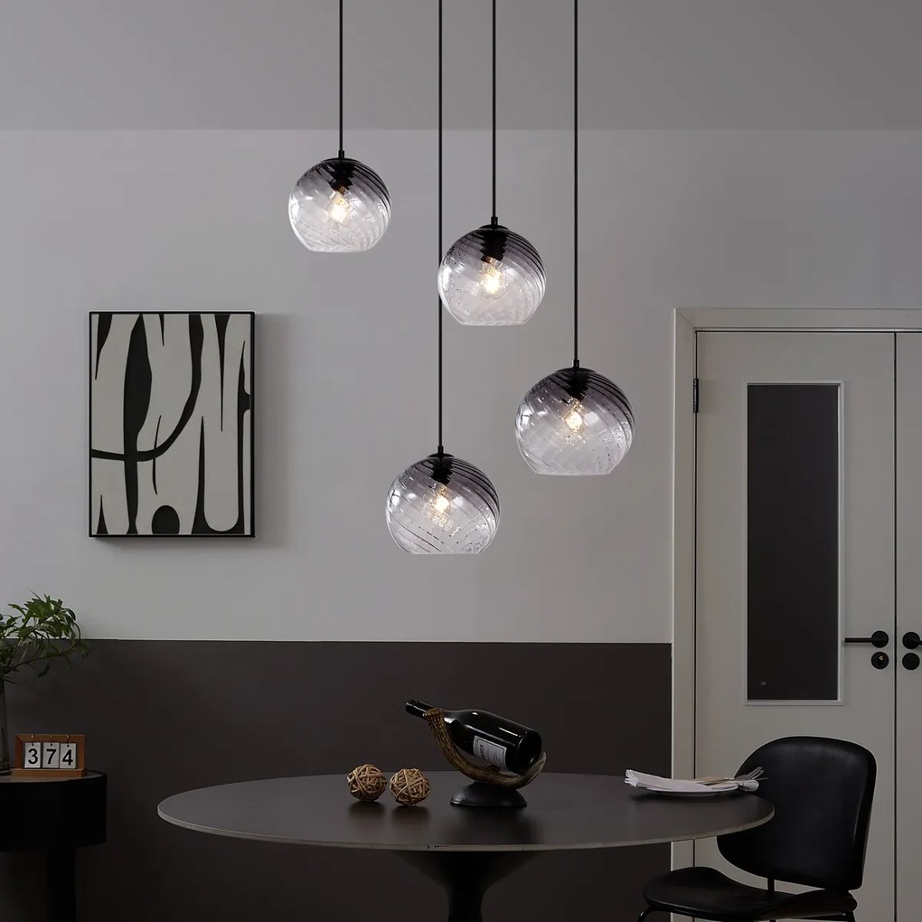 Candeeiro suspenso Art Deco preto com vidro fumado redondo 4 luzes - Bao