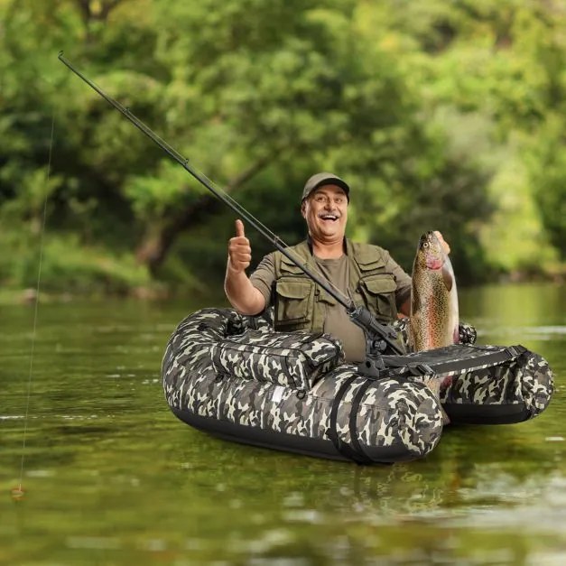 Barco de pesca Insuflável Suporte de cana Bolsos de vara Remo Bomba portátil Barco de pesca Carga 150 kg Camuflado