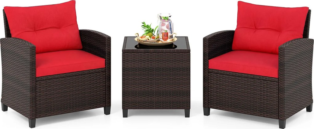 Conjunto de 3 Peças de Bistró Exterior com 2 Cadeiras e Mesa Auxiliar, 67 x 64 x 77 cm, Rattan PE Entrançado à Mão, Castanho e Vermelho
