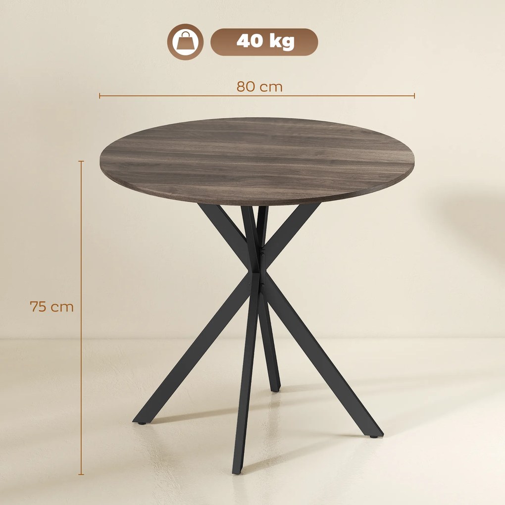 Mesa de jantar redonda para 2 pessoas (CADEIRAS NÃO INCLUIDAS) com tampo com aspeto de madeira e base cruzada em aço, castanha e preta