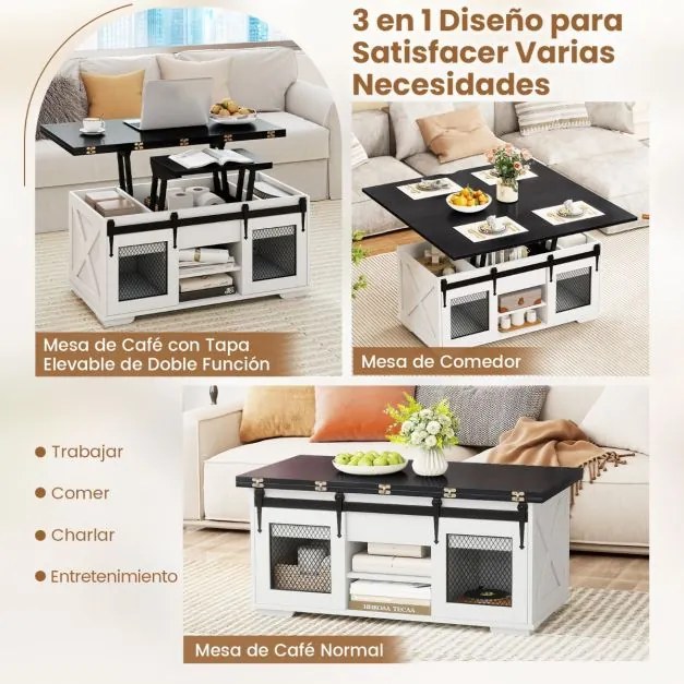 Mesa de centro 105 x 54 x 48,5 cm com tampo elevável estilo rústico, 2 portas deslizantes, 3 compartimentos ocultos, sala de estar, painel branco Pret