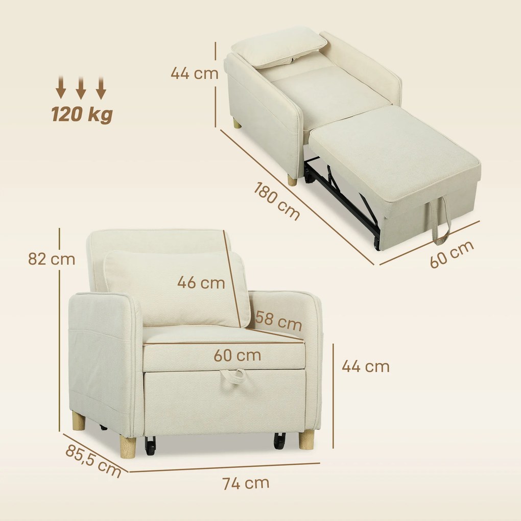 Poltrona-Cama Convertível de 1 Lugar, 85,5 x 74 x 82 cm, Transformação 3 em 1, Bege