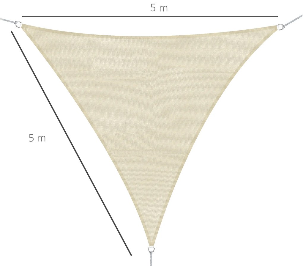 Vela de Sombra Triangular 5x5x5 m Toldo Vela de HDPE com Proteção UV Aneis em Forma de D e Cordas para Jardim Pátio Piscina Creme