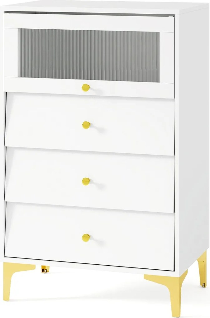 Cómoda 3 gavetas moderna 60 x 40 x 95,5 cm cm com porta de vidro canelado e gavetas extraíveis Pernas metálicas Branca