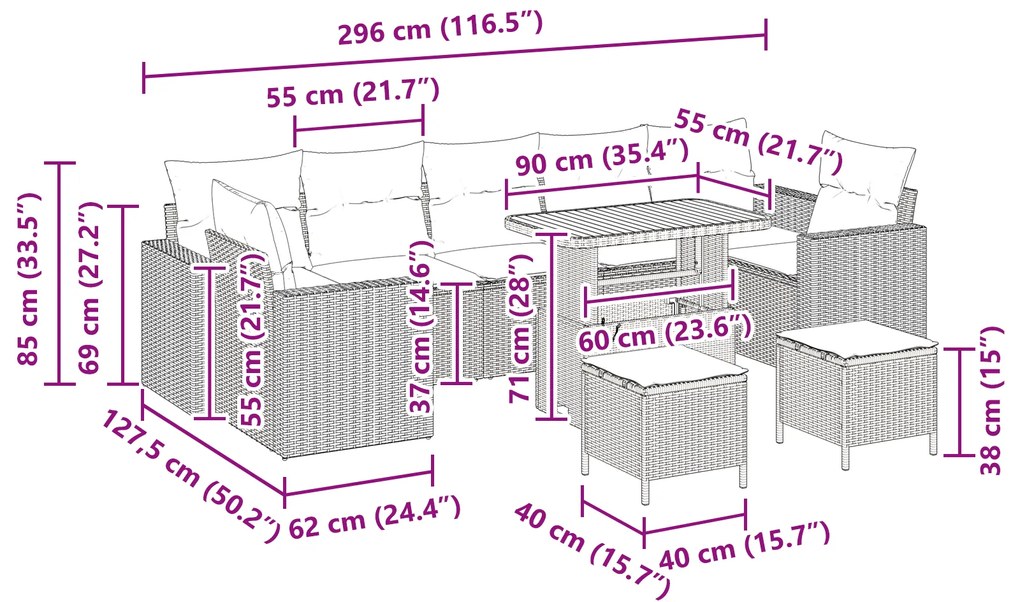 Conjunto de Sofá de Jardim de 10 Peças com Almofadas Bege Rattan Sinté