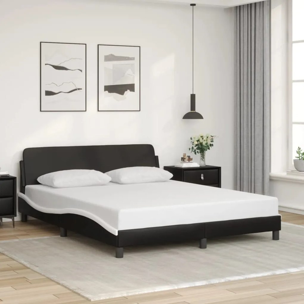 Estrutura cama c/ cabeceira 160x200cm couro artif. preto/branco