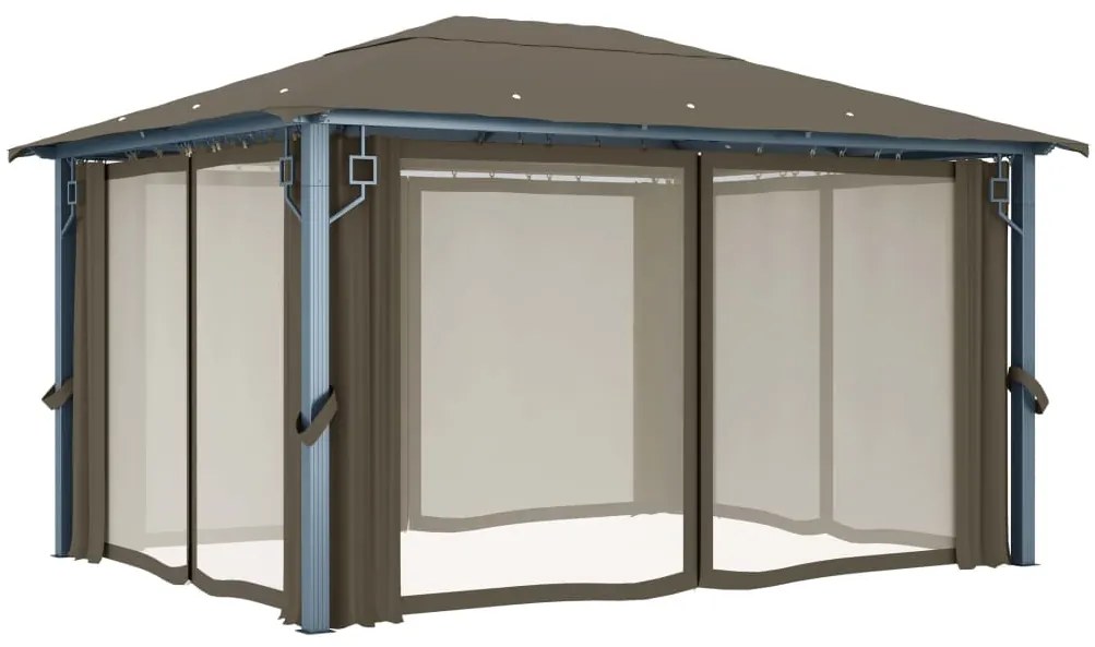Gazebo c/ cortinas e cordões luzes LED 4x3 m alumínio cinza-ac.