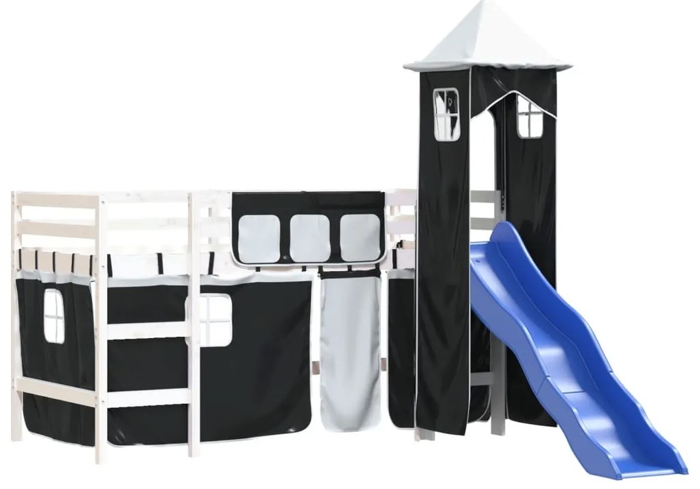 Cama alta criança c/ torre 80x200 cm pinho maciço branco/preto