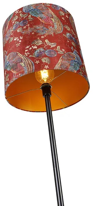 Candeeiro de pé preto com abajur de design de pavão vermelho 40 cm - Simplo Moderno