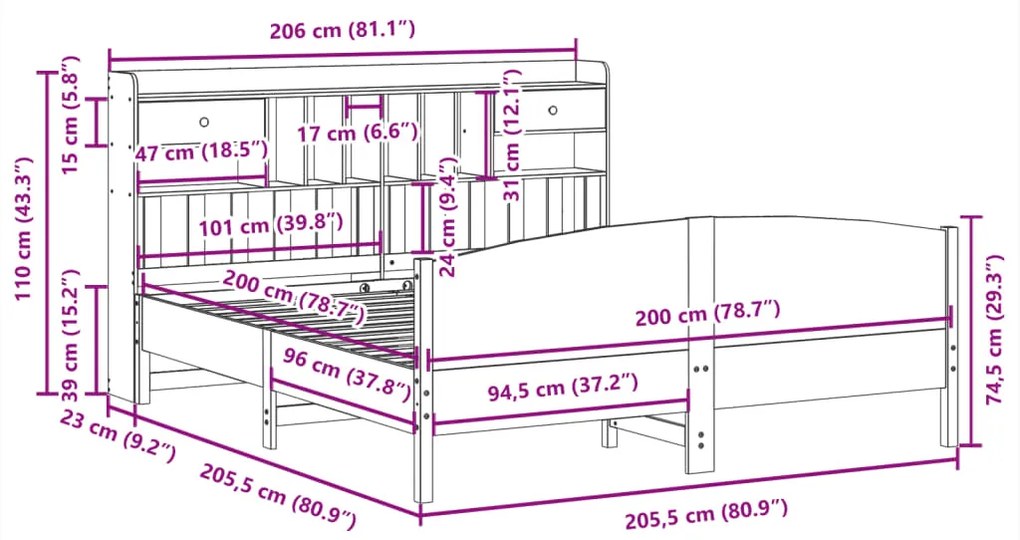 Cama com estante sem colchão 200x200 cm pinho maciço branco