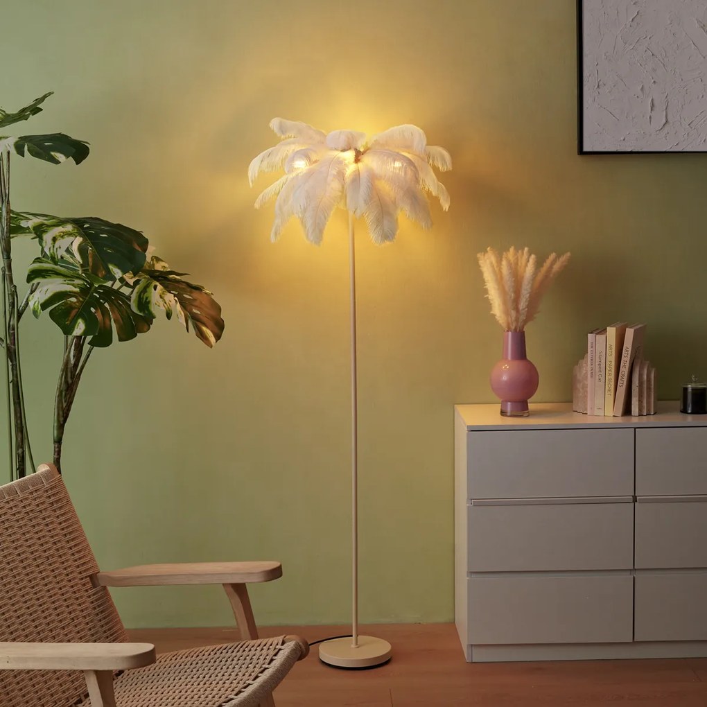 Candeeiro de pé Art Deco bege com penas brancas - Peahen