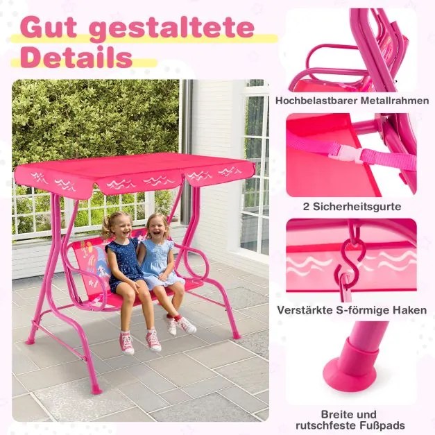 Baloiço infantil Hollywood para 2 crianças com toldo ajustável e estrutura metálica Rosa