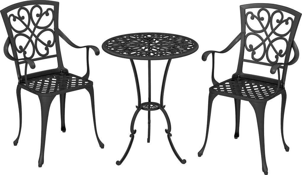 Outsunny Conjunto Bistrô de Jardim 3 peças mesa bistrô redonda com 2 cadeiras furo para guarda-sol, estilo antigo em alumínio fundido | Aosom Portugal
