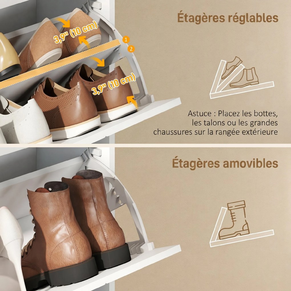 Sapateira com capacidade para 16 pares 80 (L) x 23,7 (P) x 110 (A) cm, armário estreito com 2 gavetas rebatíveis e um compartimento aberto, branco