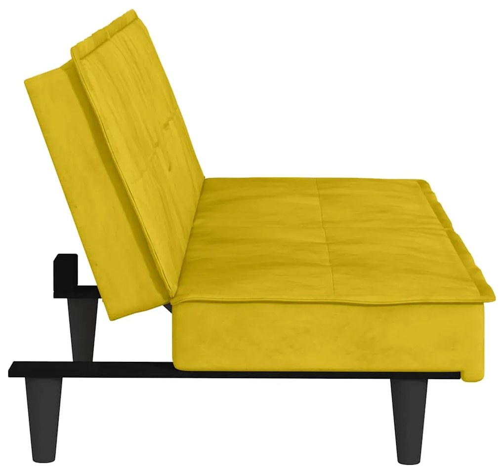 Sofá-cama com suporte para copos veludo amarelo