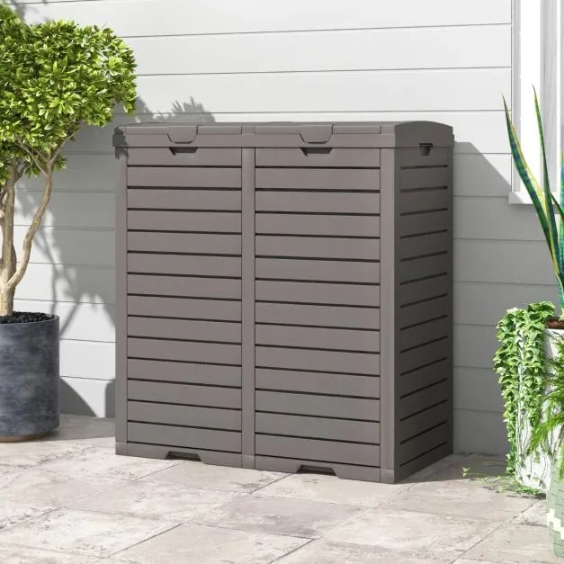 Caixote do lixo exterior 118 L x 2 com tampa dupla impermeável Alça para jardim Pátio Terraço Cozinha Castanho