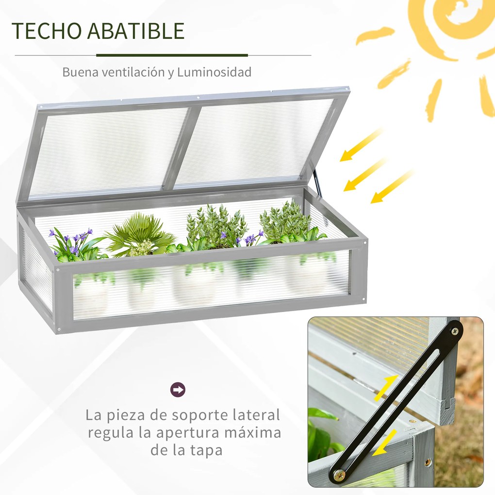 Outsunny Estufa de madeira natural e policarbonato 90x46x28 cm com tampa inclinada para plantas cinza