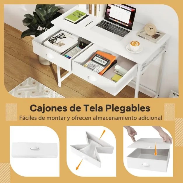 Secretária compacta com 2 gavetas em tecido, 4 ganchos para pendurar e estrutura em metal 90 x 45 x 75 cm Branca