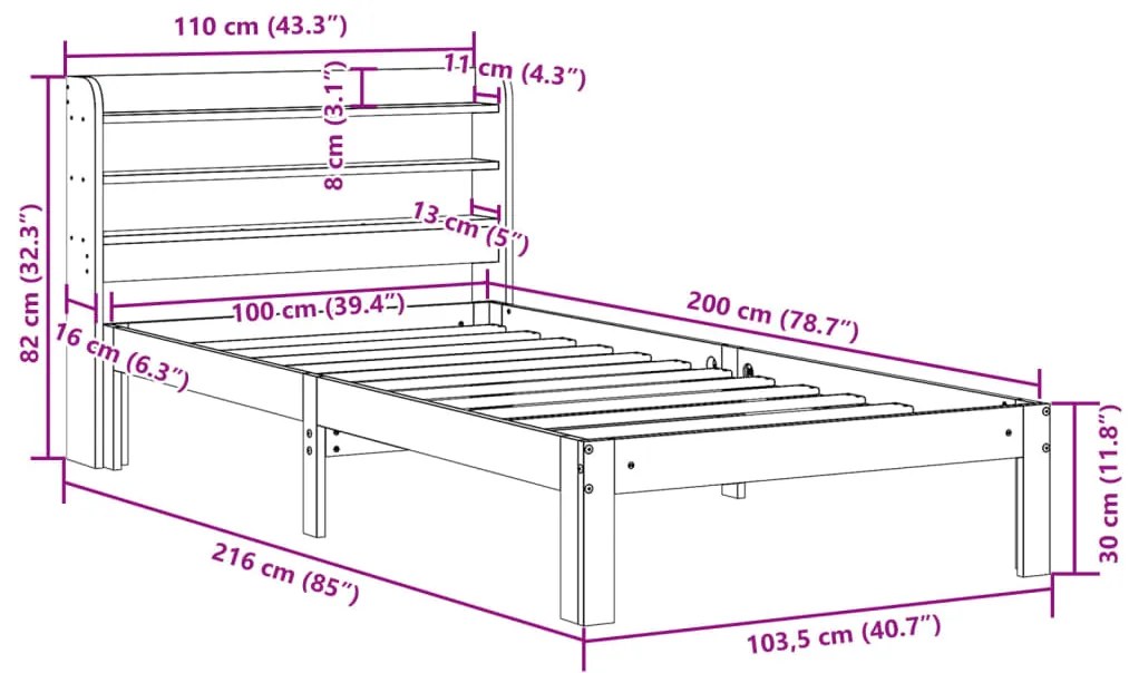 Cama sem colchão 100x200 cm pinho maciço castanho-mel