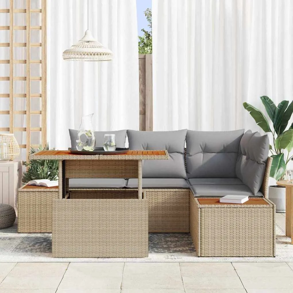 Conjunto de Jantar de Jardim com 5 Peças e Almofadas Beiges em Rattan