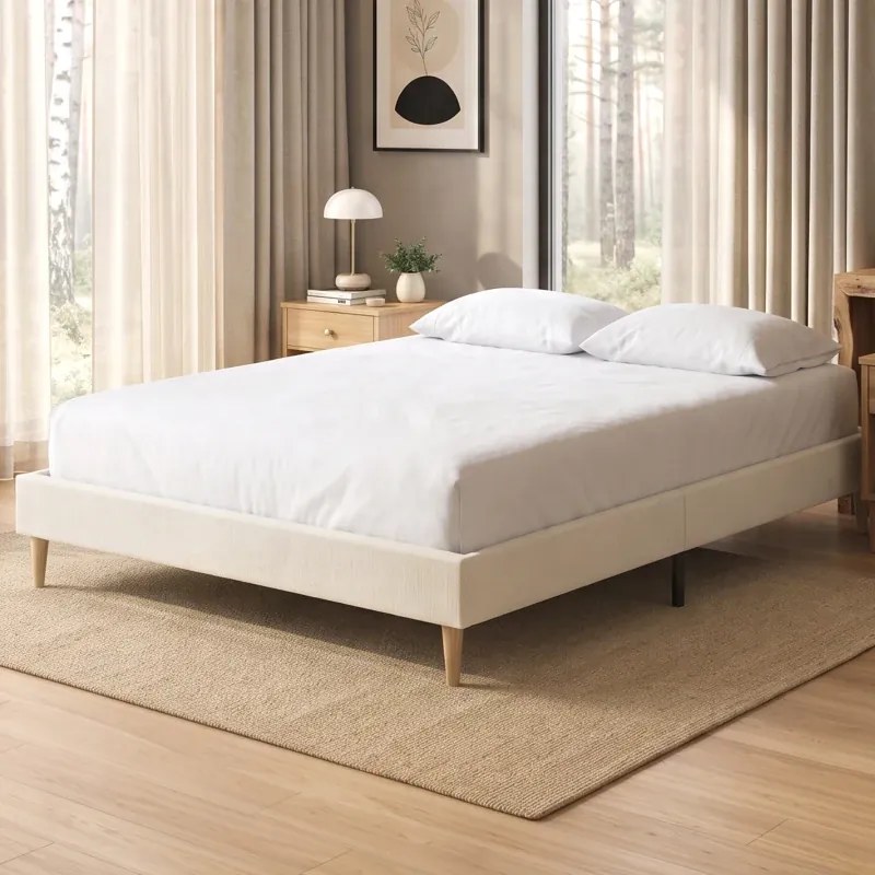 Estrutura de Cama de Casal, 191 x 142 x 31 cm (COLCHÃO NÃO INCLUIDO), Estofada em Veludo Cotelê, Creme