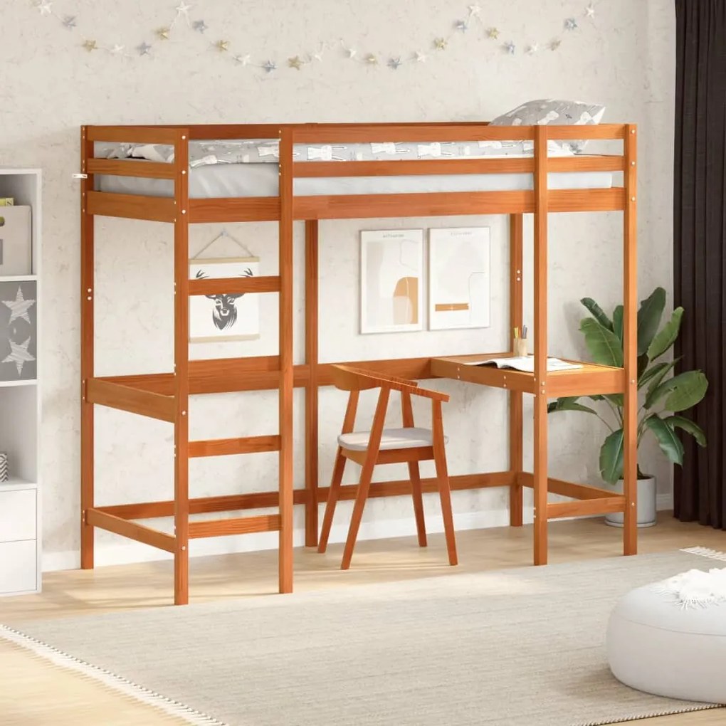 Cama alta c/ secretária 80x200 cm pinho maciço castanho-mel
