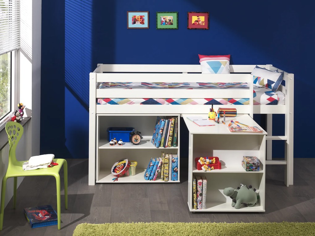 Conjunto Cama alta de Criança PINO 90 x 200 cm + estrado + escada + secretária extensível + estante Branca