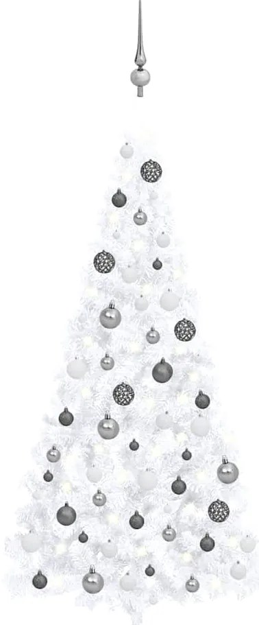 Meia árvore Natal artificial pré-iluminada c/ bolas branco
