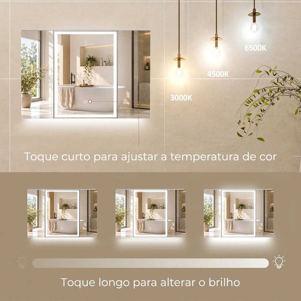 Armário de Casa de Banho com Espelho LED, Tomada Integrada, 3 Portas, Antiembaciamento e Prateleiras Ajustáveis em Vidro Temperado, Branco