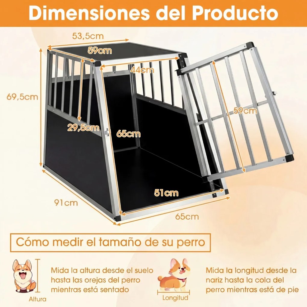 Caixa de transporte para cães em alumínio, com porta e fechadura 91 x 65 x 69,5 cm