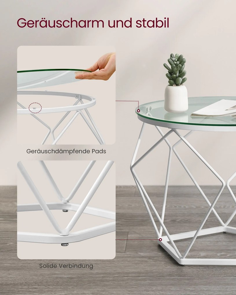 Conjunto de 2 mesas de sala de estar modernas em branco e transparente