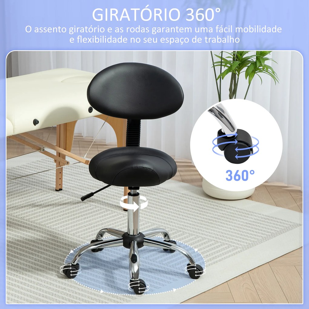 Banco Giratório Rodas e Encosto Amovível Banco de Trabalho com Altura Regulável 83-98 cm Assento Estofado em Couro Sintético Preto