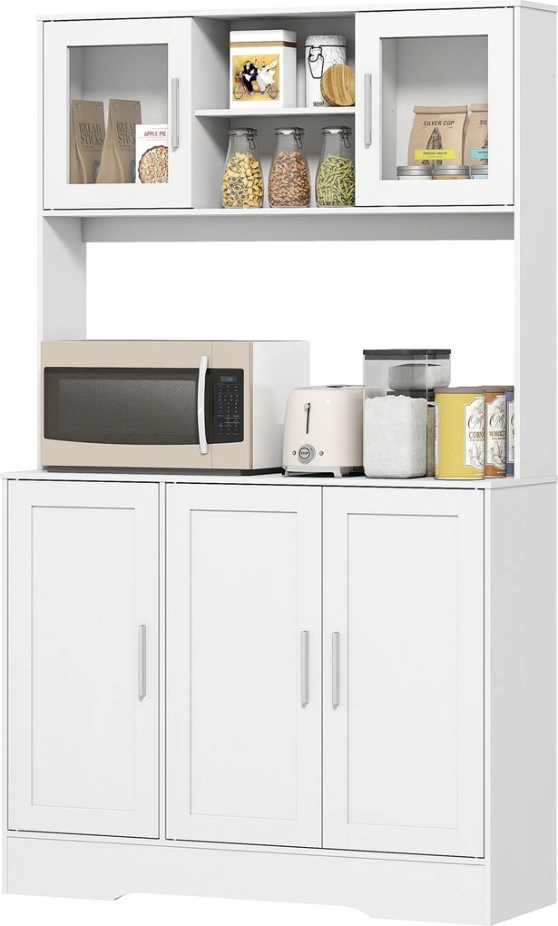 Armário de cozinha de estilo escandinavo 108 x 35 x 180 cm, compartimentos abertos, portas de vidro e bancada, branco